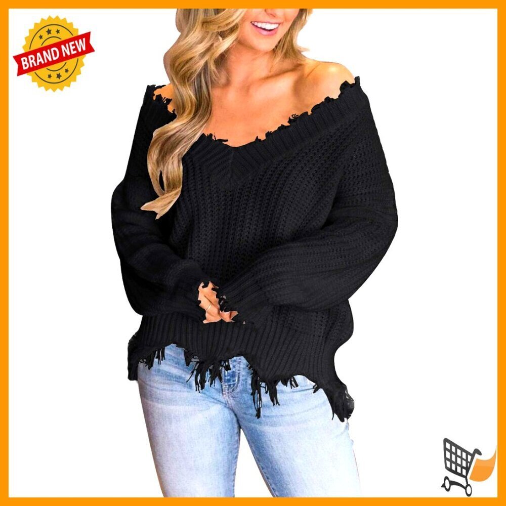 Oversized Knit Pullover V Neck Long Sleeve Crop Top Ripped Trim Loose Fit